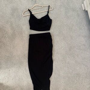 Black two piece set with Cowl Neck Top and Ruched midi skirt